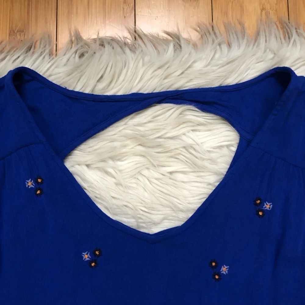 Free People Oxford Babydoll Embroidered Bell Sleeves Cobalt Blue Swing Dress M